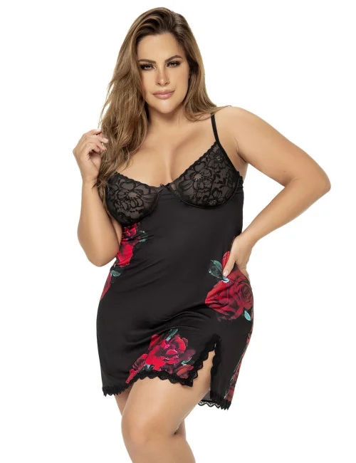 Nuisette noire grande taille motif fleuri et string assorti - MAL7438XBLF Mapalé