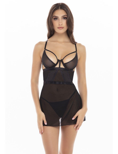 Nuisette résille noire aves string assorti - REN51013-BLK René Rofé 