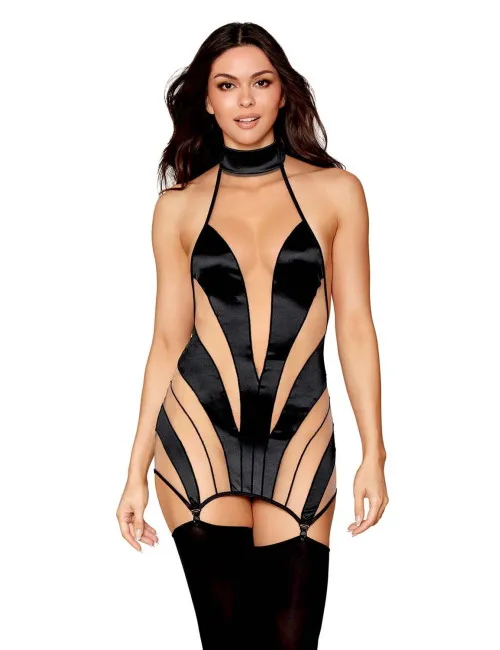 Nuisette stylée noire et transparence avec porte-jarretelles - DG13376BLK Dreamgirl