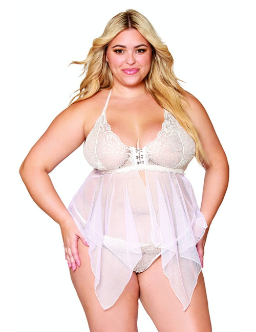 Babydoll et string grande taille en résille et dentelle blanche - DG13314WHT Dreamgirl 