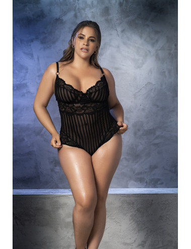 Body dentelle noire,  rayé en dentelle et fine résille - MAL8631XBLK Mapalé 