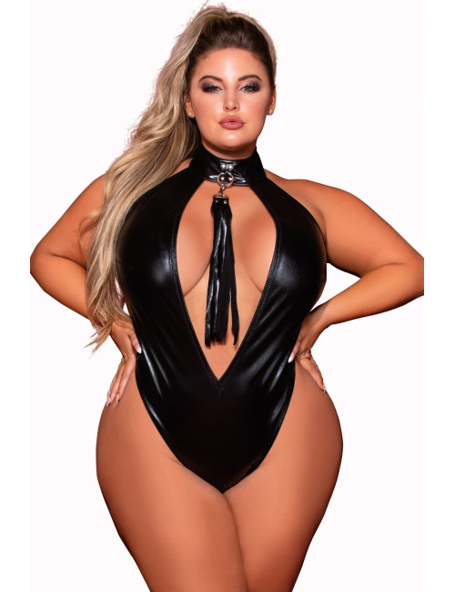 Body en simili cuir grande taille, extensible avec col clouté et fouet - DG12450XBLK Dreamgirl 
