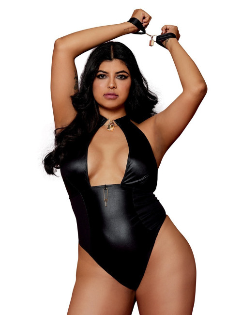 Body wetlook noir  grande taille avec menottes, cadenas bijoux et clé bijou inclus - DG12814XBLK Dreamgirl 