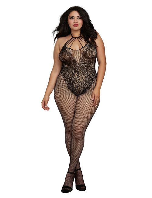 Bodystocking Grande taille résille dans un style Body avec magnifique décolleté à lanières - DG0326XBLK Dreamgirl 