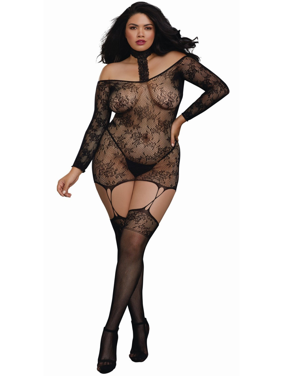 Bodystocking résille guêpière grande taille réversible avec tour de cou - DG0318XBLK Dreamgirl 