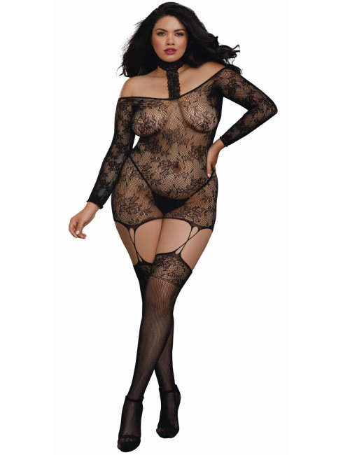 Bodystocking résille guêpière grande taille réversible avec tour de cou - DG0318XBLK Dreamgirl 