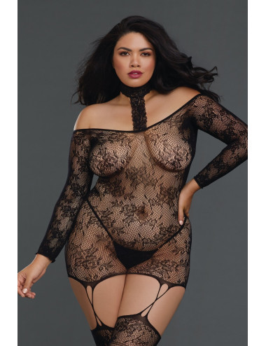 Bodystocking résille guêpière grande taille réversible avec tour de cou - DG0318XBLK Dreamgirl 