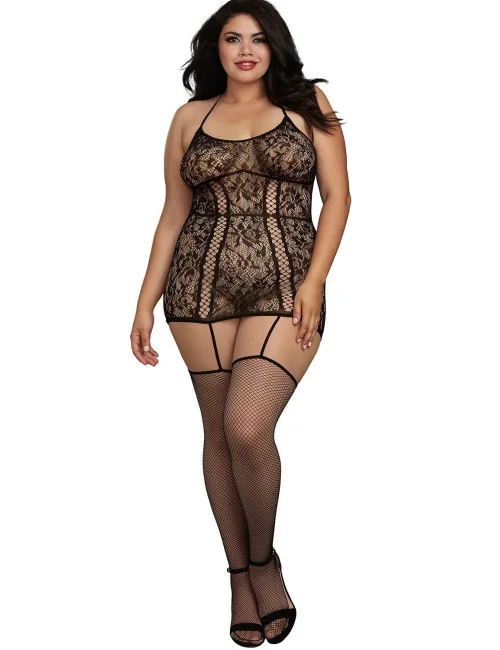 Combinaison grande taille en dentelle et lanières entrecroisées devant et derrière - DG0331XBLK Dreamgirl