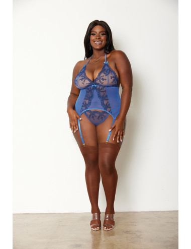 Ensemble 2 pièces grande taille bleu bustier porte jarretelles et string - DG12957XPER Dreamgirl 