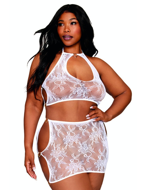 Ensemble 2 pièces grande taille top et jupe en résille fantaisie blanche - DG13309WHT Dreamgirl 