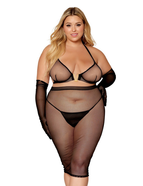 Ensemble 2 pièces grande taille, soutien gorge et jupe longue transparente noir - DG12770XBLK Dreamgirl 