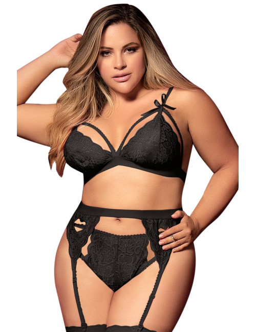 Ensemble 3 pièces noir grande taille  soutien-gorge string porte-jarretelles - MAL8221XBLK Mapalé 
