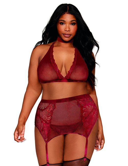 Ensemble 4 pièces grande taille soutien gorge, tour de cou, string et porte jarretelles rouge - DG11776XGAR Dreamgirl 