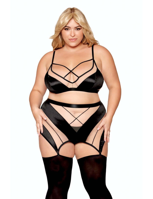 Ensemble grande taille avec Soutien-gorge, jupe porte-jarretelles, string  - DG13377XBLK Dreamgirl 