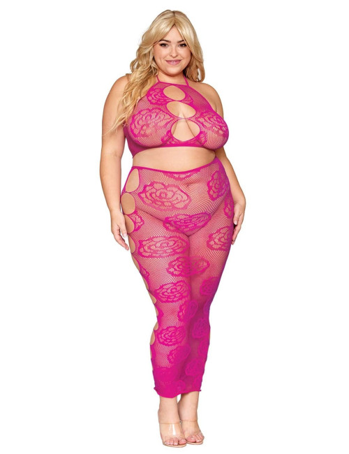 Ensemble Soutien-gorge et jupe longue en filet rose, grande taille - DG0485XBEE Dreamgirl 