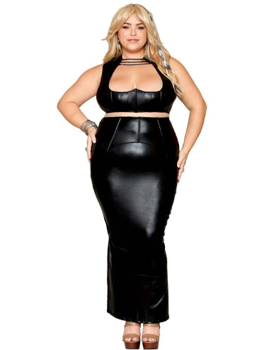 Ensemble Soutien-gorge et jupe longue, grande taille, noir en simili cuir - DG13198XBLK Dreamgirl 