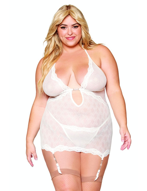 Guépière porte jarretelles blanche grande taille avec strass et string inclus - DG13313XWHT Dreamgirl 