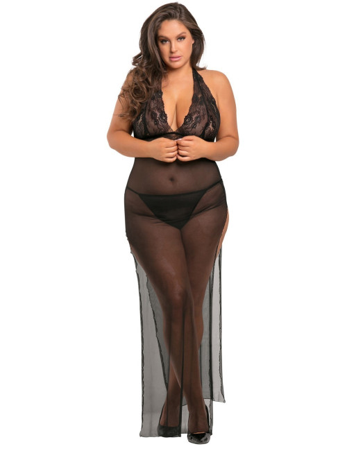 Nuisette longue grande taille fendue transparente - REN51004X-BLK René Rofé 