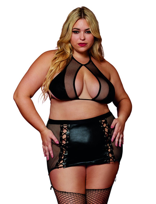 Soutien gorge et jupe porte jarretelles grande taille en résille et simili cuir - DG13290XBLK Dreamgirl 