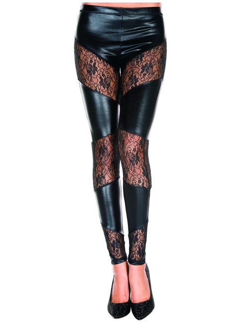 Legging noir wetlook avec bandes de dentelle florale - MH35134BLK Music Legs 