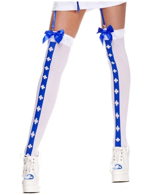 Bas sexy blanc avec bande bleu croix nfirmière et noeuds satinés - MH4780WBL Music Legs
