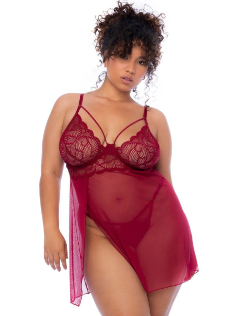 Nuisette grande taille couleur framboise et string - MAL7555XROSW Mapalé 