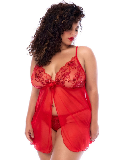 Nuisette ouverte grande taille rouge et string assorti - MAL7559XRD Mapalé 