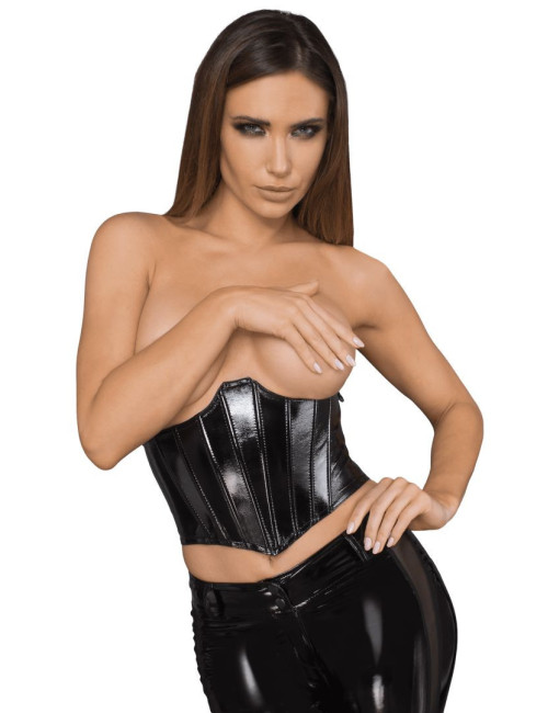 F211 Corset en cuir écologique laqué avec baleine pour femme Noir Handmade 