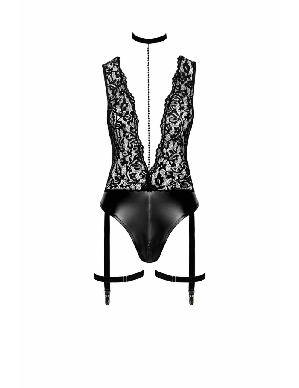 F297 Libido Body avec col, chaîne de perles et jarretière Noir Handmade 
