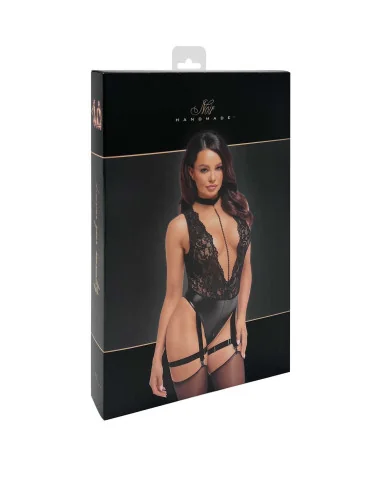 F297 Libido Body avec col, chaîne de perles et jarretière Noir Handmade 