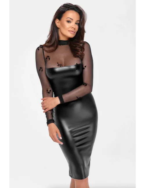F310 Sublime robe midi en wetlook et maille floquée Noir Handmade