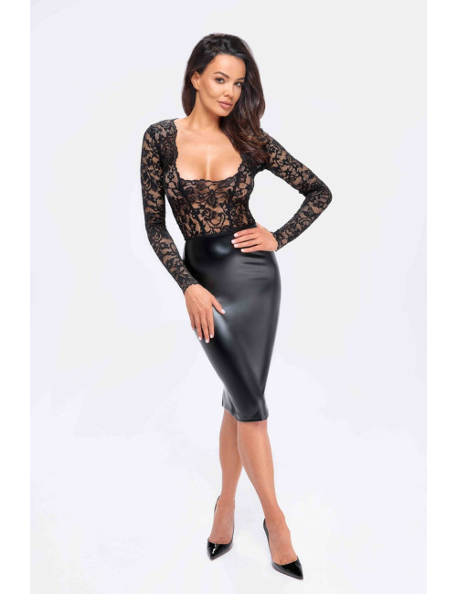 F295 Euphoria Robe midi en dentelle et wetlook Noir Handmade 