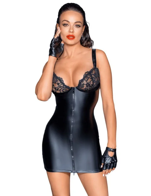 F254 Mini-robe Powerwetlook avec poitrine en dentelle et fermeture éclair à 2 sens Noir Handmade 