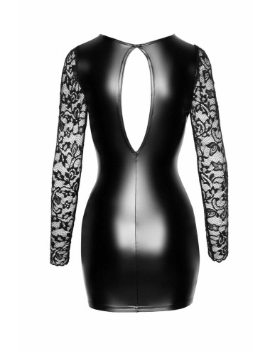 F253 Robe courte en Powerwetlook avec manches en dentelle Noir Handmade 