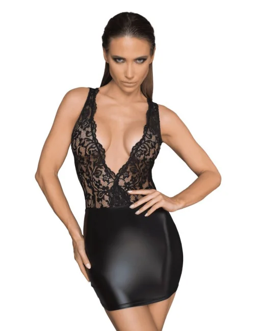 F214 Mini-robe en dentelle et Powerwetlook avec décolleté profond dans le dos Noir Handmade