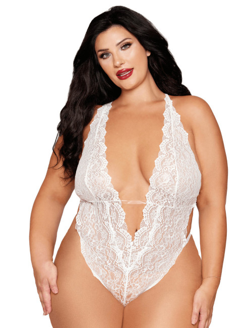 Ensemble 2 pièces grande taille, body dentelle blanc et chainettes bijou de corps perles blanches - DG13697XWHT Dreamgirl 