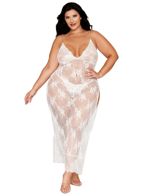 Nuisette longue blanche grande taille en dentelle florale, string assorti - DG13667XWHT Dreamgirl 