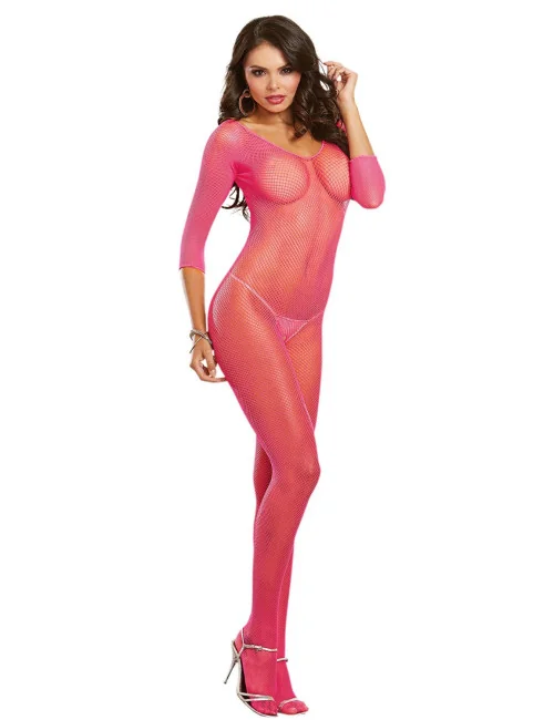 Bodystocking rose fluo résille ouvert à l'entre-jambes - DG0015HPK Dreamgirl
