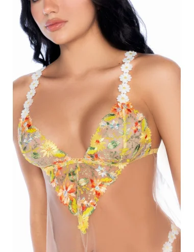 Nuisette transparente brodée jaune et string - MAL7608SUBS Mapalé 