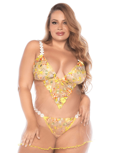 Nuisette grande taille transparente brodée jaune et string - MAL7608XSUBS Mapalé 
