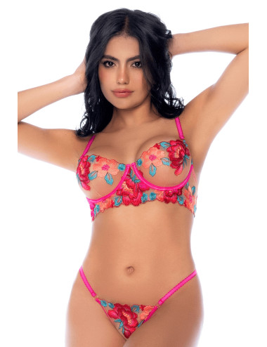 Ensemble 2 pièces résille brodée rose et bleue, soutien gorge et string - MAL8927SEGA Mapalé 