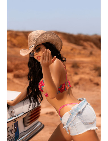 Ensemble 2 pièces résille brodée rose et bleue, soutien gorge et string - MAL8927SEGA Mapalé 