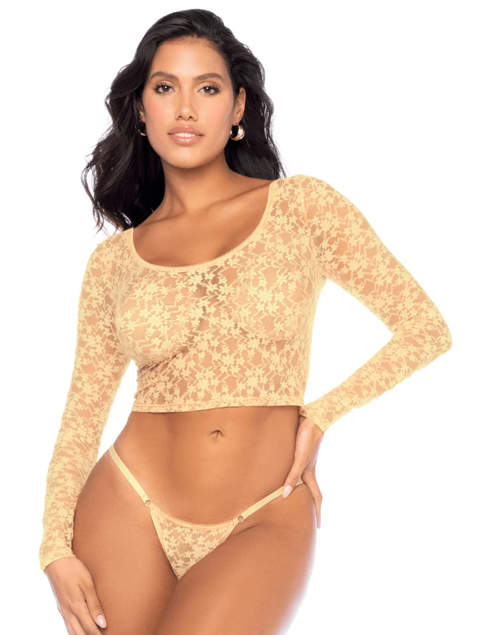 Ensemble 2 pièces en dentelle jaune pastel, crop top et string - MAL8918LYLW Mapalé 