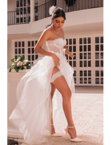 Ensemble 4 pièces blanc, bustier, string et 2 jarretières - MAL8933WHT Mapalé 