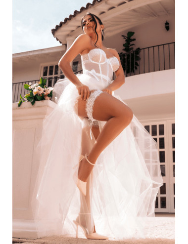 Ensemble 4 pièces blanc, bustier, string et 2 jarretières - MAL8933WHT Mapalé 