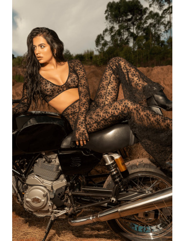 Top et pantalon en dentelle florale noire - MAL1915BLK Mapalé 