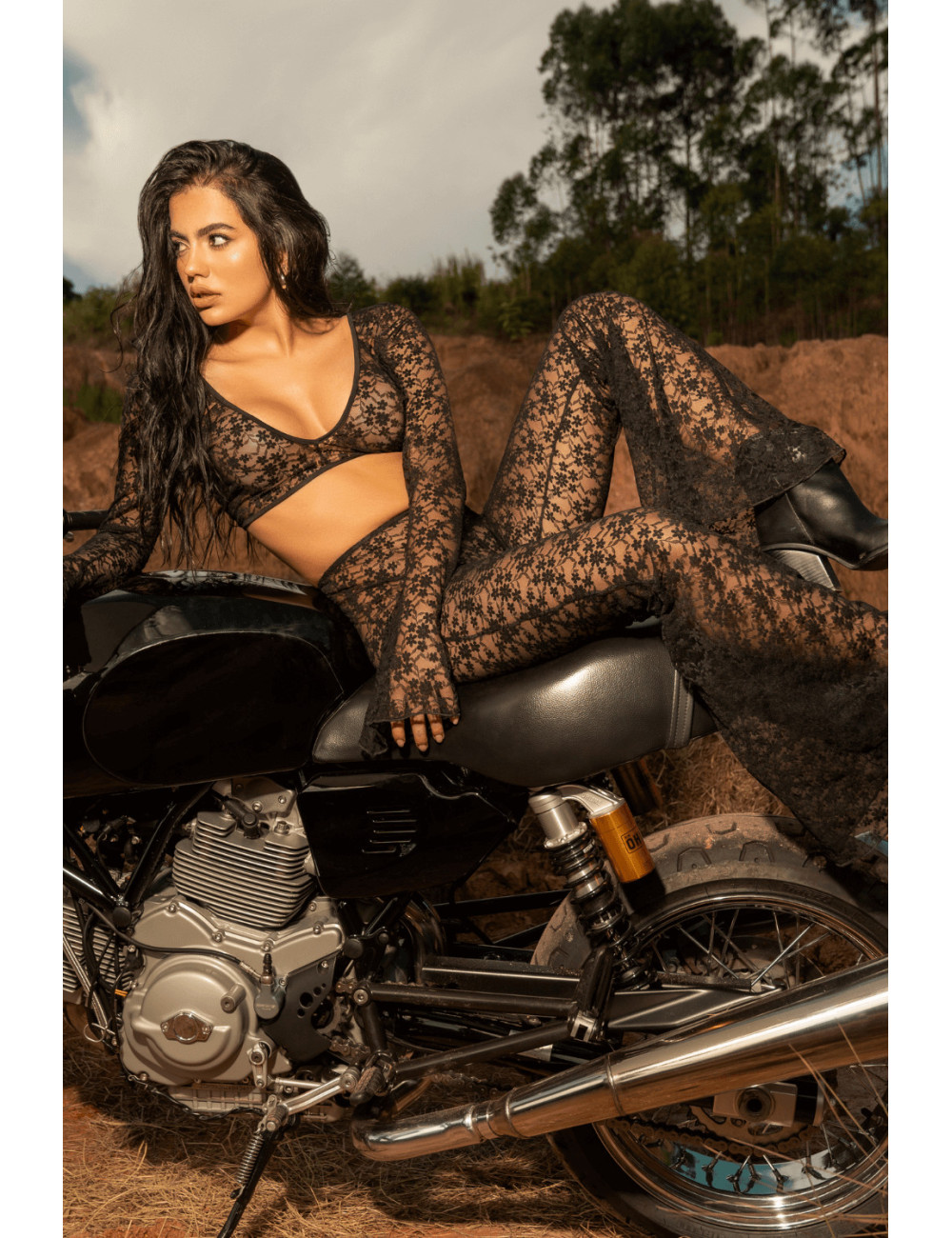 Top et pantalon en dentelle florale noire - MAL1915BLK Mapalé 