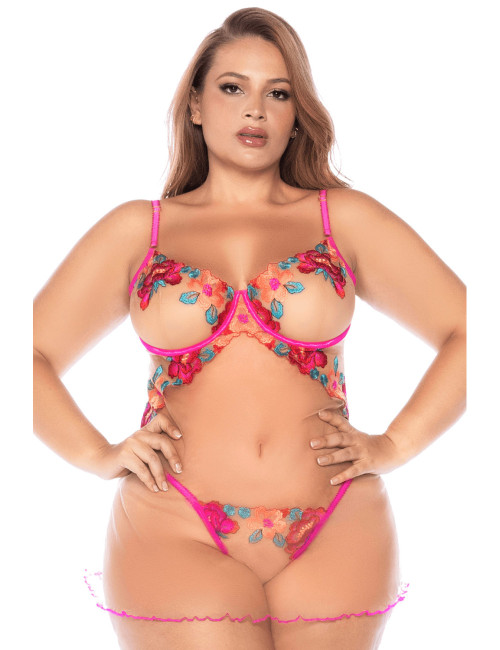 Nuisette grande taille en résille et dentelle florale rose et string assorti - MAL7609XSEGA Mapalé 