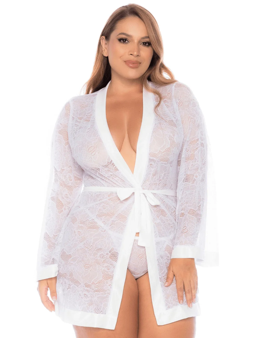 Peignoir grande taille en dentelle blanche - MAL7611XWHT Mapalé 