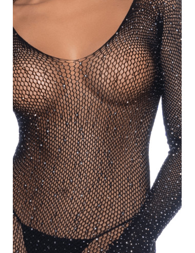 Combinaison noire en résille ornée de strass - MAL1131BKRH Mapalé 
